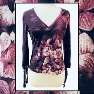 ROBERTO CAVALLI ITALY Floral Print Pullover Top w/ Silk Chiffon Sleeve Ties Sz L